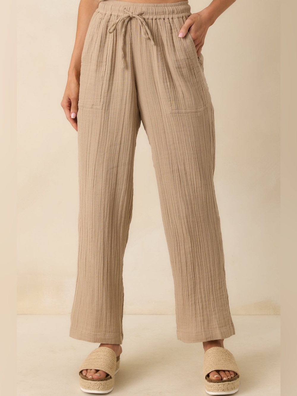 Zara Ribbed Wide-Leg Drawstring Pants Beige - Medium